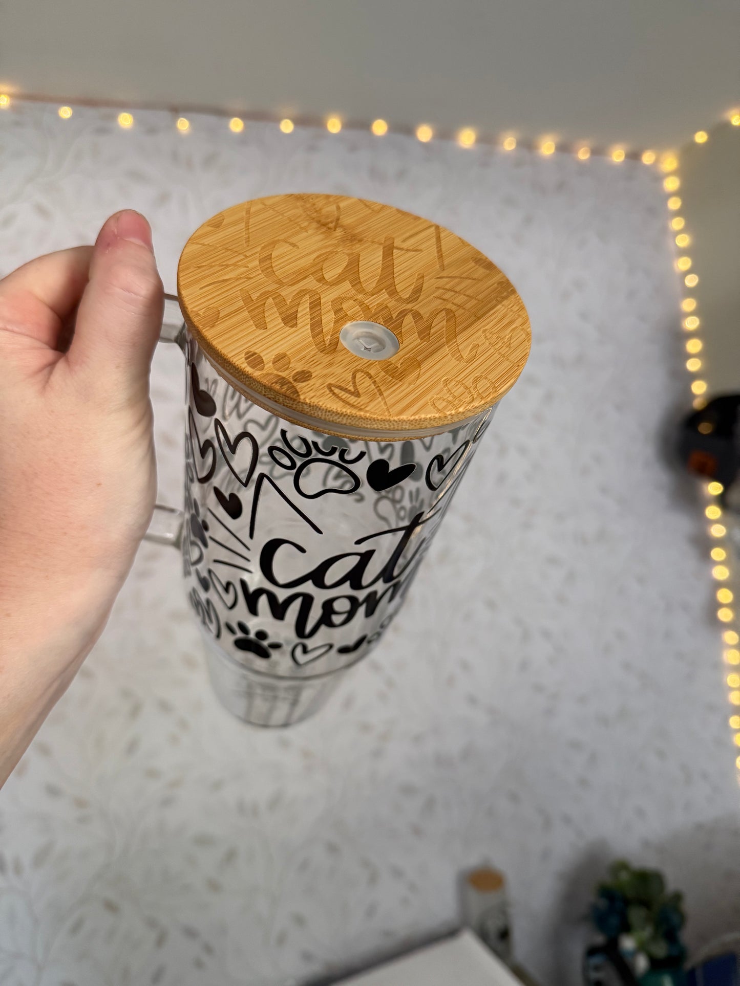 Cat Mom | UVDTF | 40 oz Glass Tumbler with Bamboo Lid & Straw