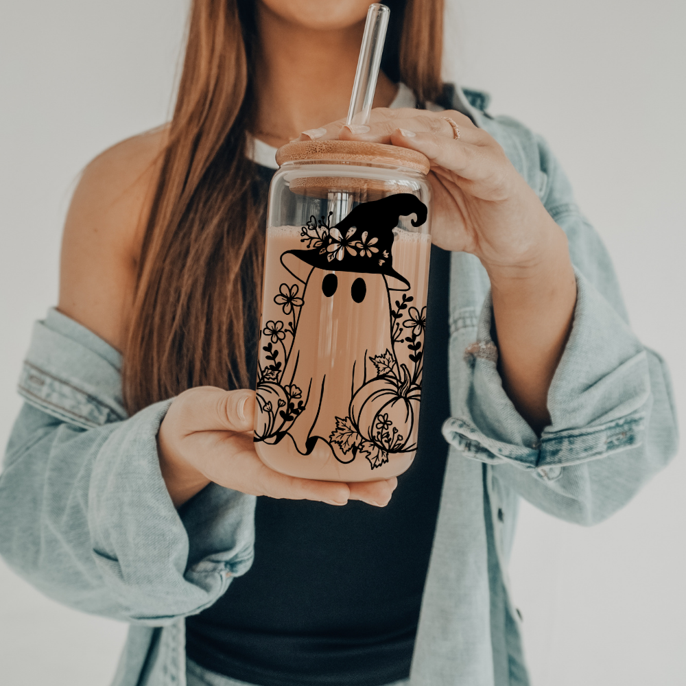 Boho Ghost | UVDTF | 20 oz Libbey Can Glass with Bamboo Lid & Straw