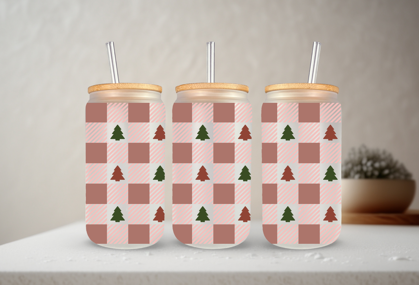 Christmas Plaid | UVDTF | 20 oz Libbey Can Glass with Bamboo Lid & Straw