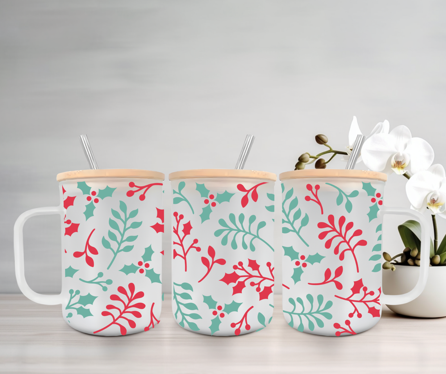 Holly | VINYL | 15oz Mug with Handle, Bamboo Lid & Straw