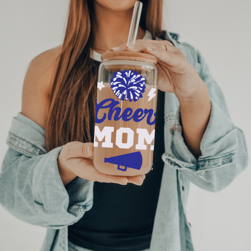 Cheer Mom | UVDTF | 20 oz Libbey Can Glass with Bamboo Lid & Straw
