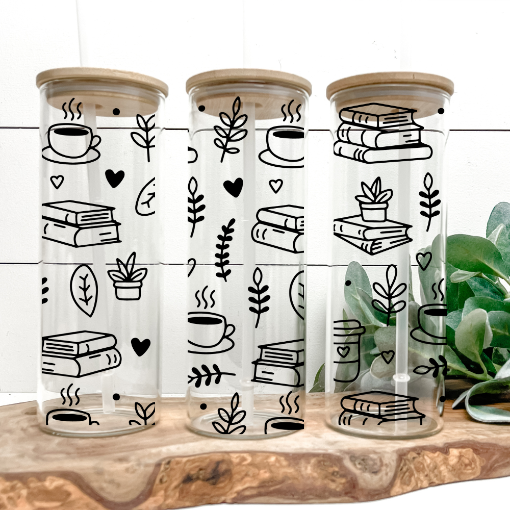Books & Coffee | UVDTF | 25oz Skinny Glass Tumbler