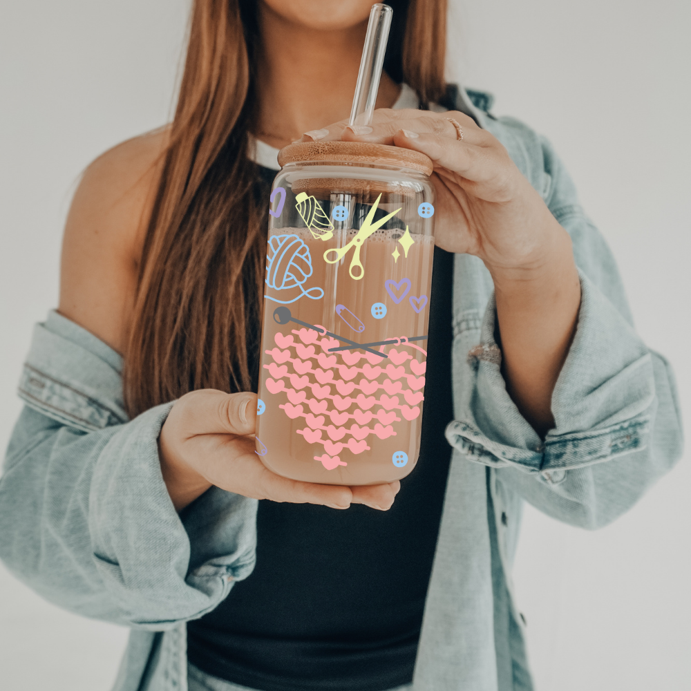 Knitting | UVDTF | 20 oz Libbey Can Glass with Bamboo Lid & Straw