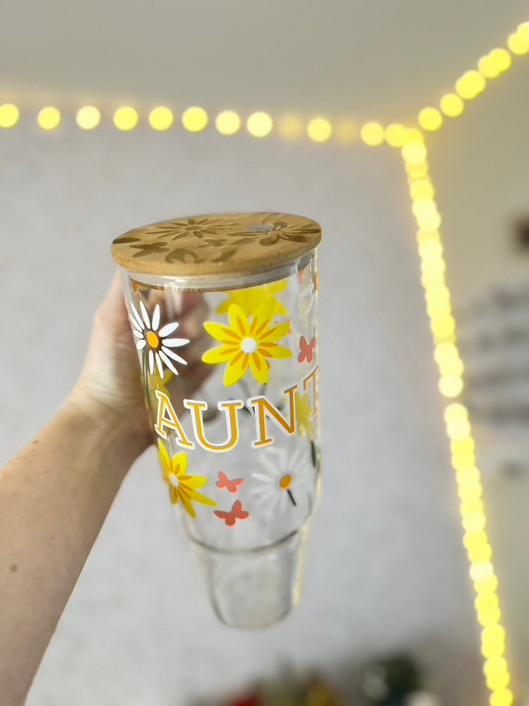 Summer Meadow - Auntie | UVDTF | 40 oz Glass Tumbler with Bamboo Lid & Straw