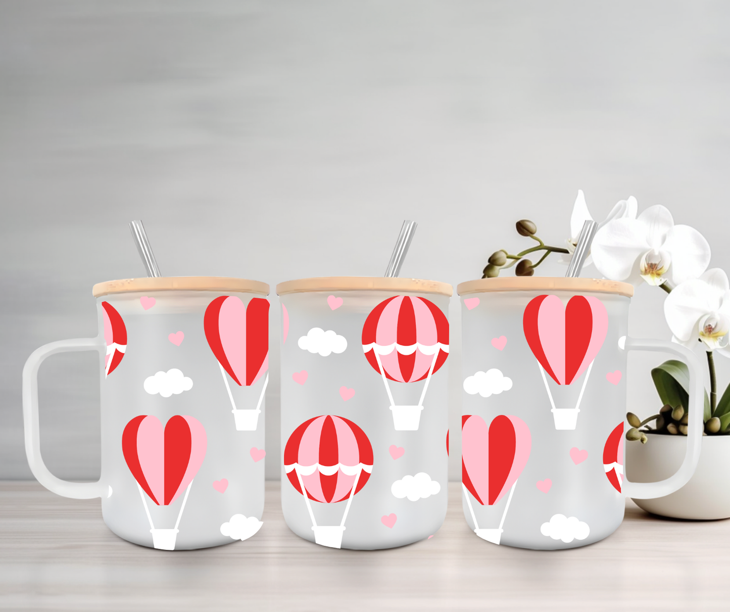 Hot Air Balloons | VINYL | 15oz Mug with Handle, Bamboo Lid & Straw