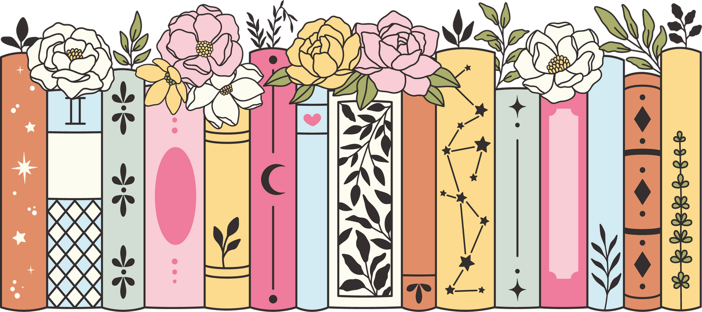 Floral Books - Color | UVDTF | 40 oz Glass Tumbler with Bamboo Lid & Straw