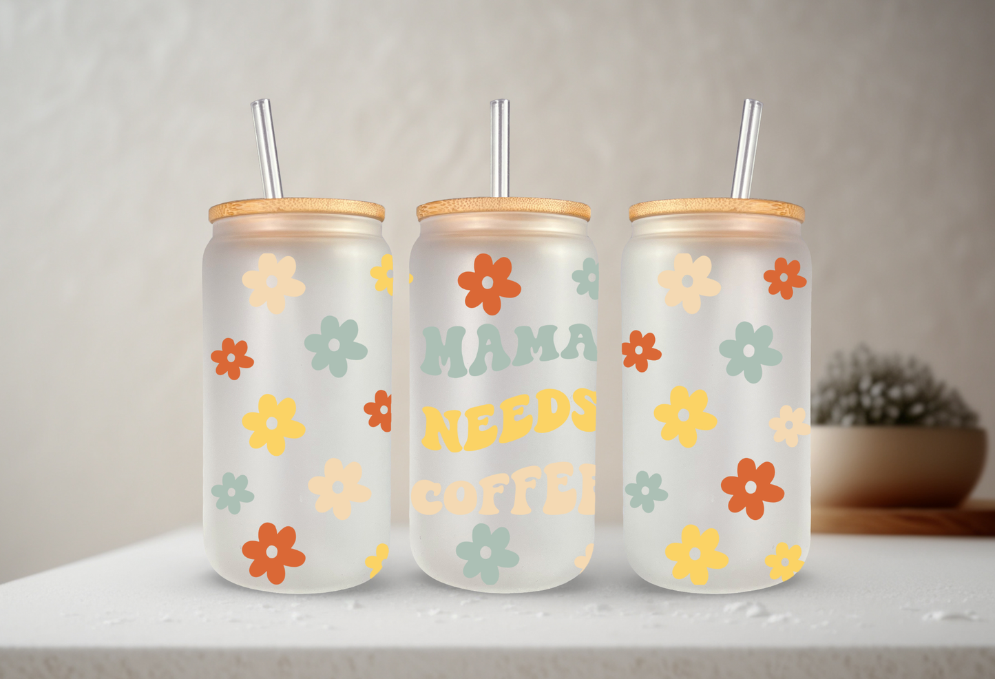 Mama Needs Coffee | UVDTF | 20 oz Libbey Can Glass with Bamboo Lid & Straw
