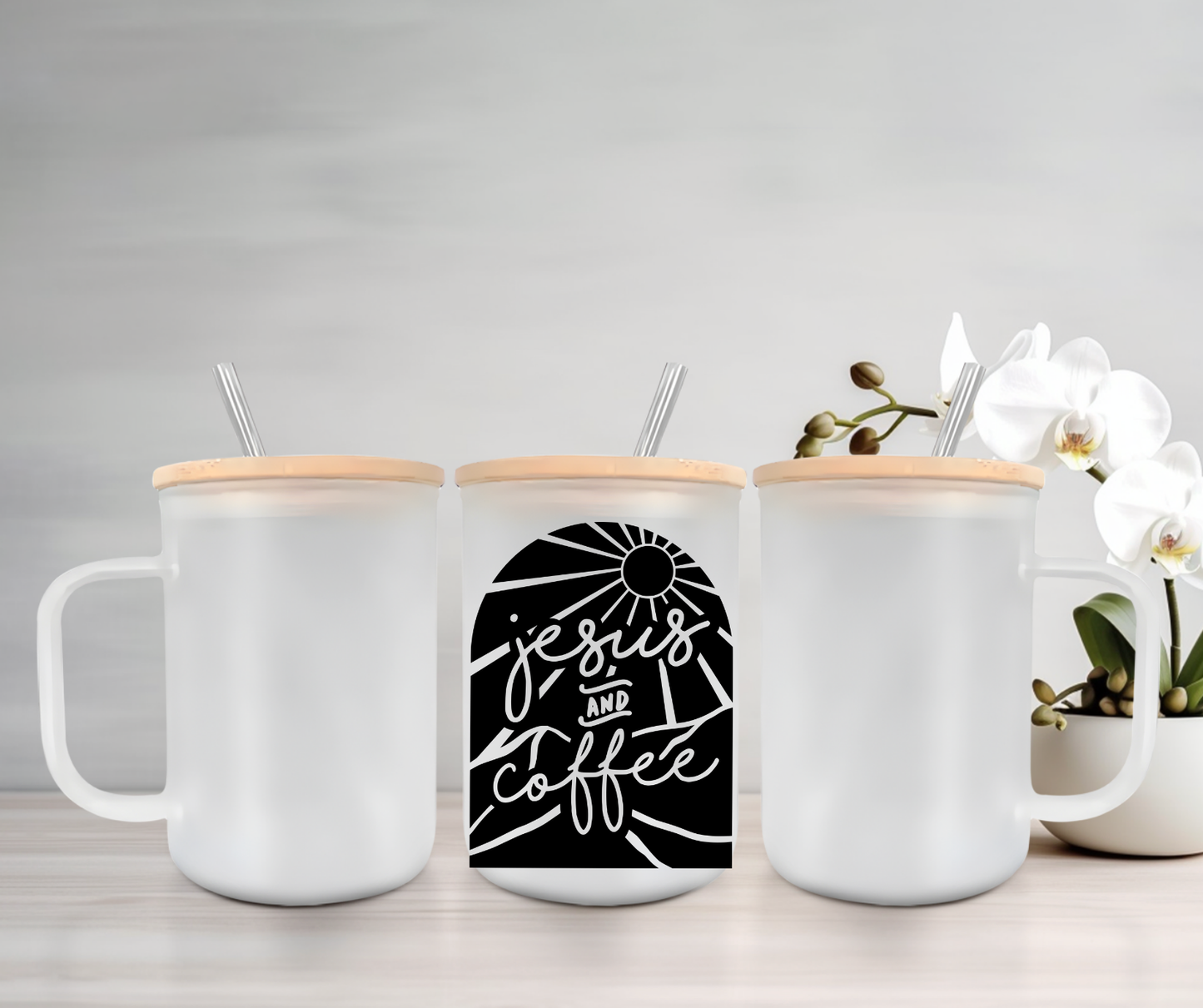 Jesus and Coffee | UVDTF | 15oz Mug with Handle, Bamboo Lid & Straw