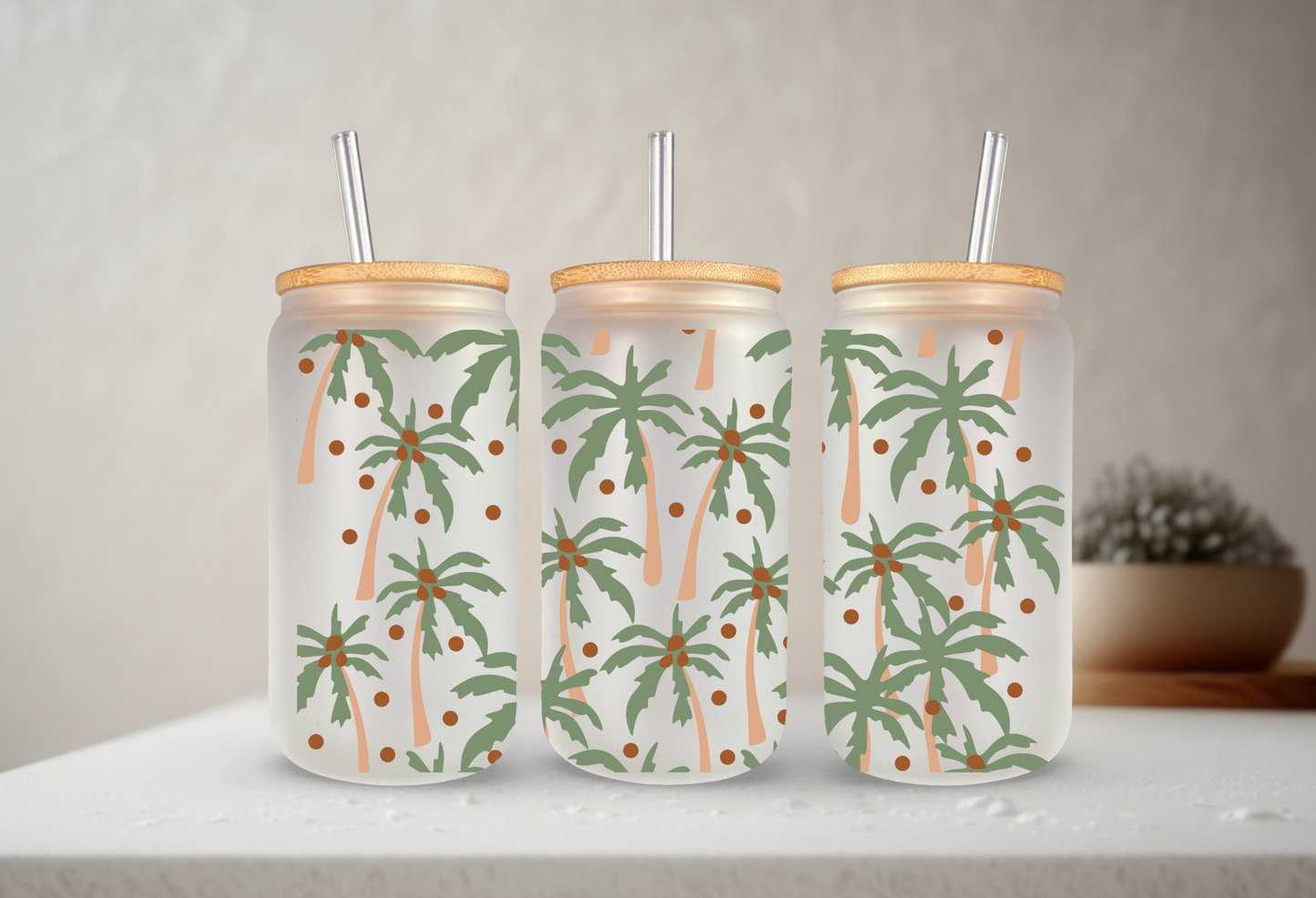 Palm Trees | UVDTF | 20 oz Libbey Can Glass with Bamboo Lid & Straw