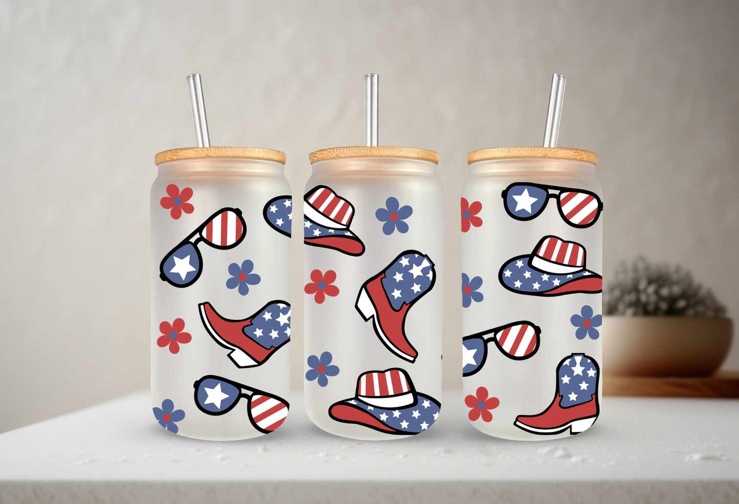 Patriotic Cowboy | UVDTF | 20 oz Libbey Can Glass with Bamboo Lid & Straw