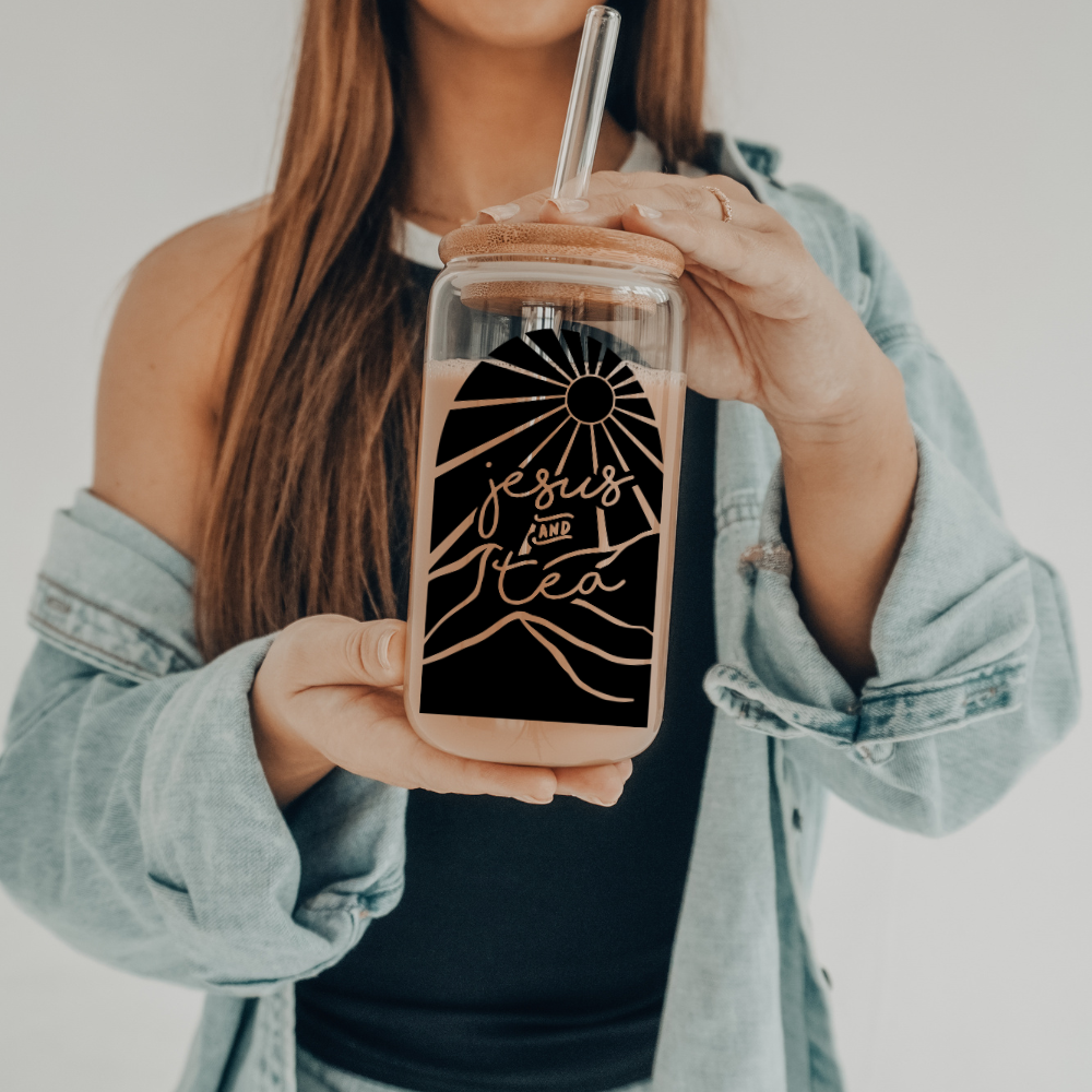 Jesus & Tea | VINYL | 20 oz Libbey Can Glass with Bamboo Lid & Straw