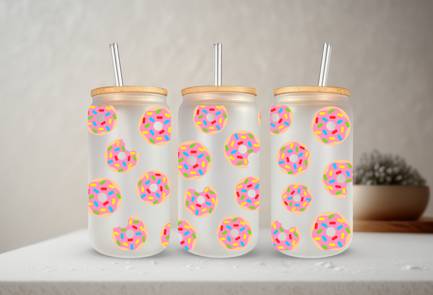 Donuts | UVDTF | 20 oz Libbey Can Glass with Bamboo Lid & Straw