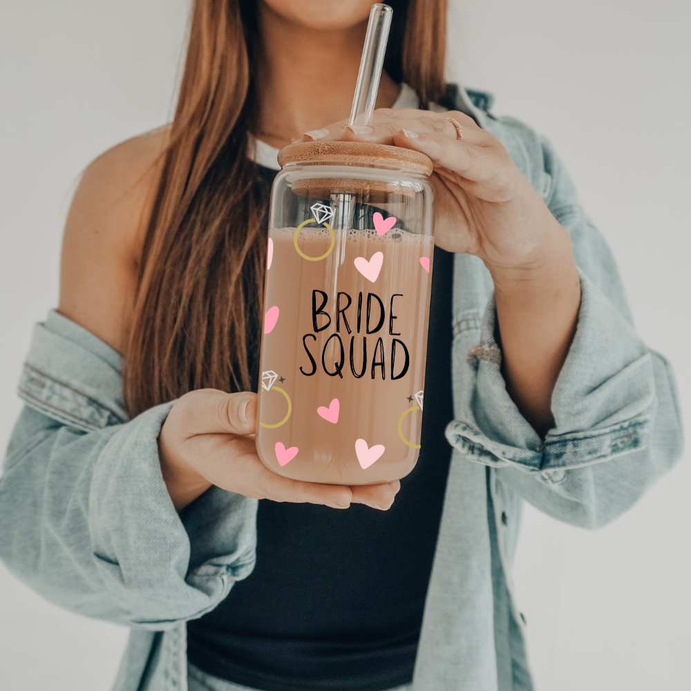 Bride Squad (Bride, Wifey, Flower Girl, Maid of Honor, Bride Squad) | VINYL | 20 oz Libbey Can Glass with Bamboo Lid & Straw