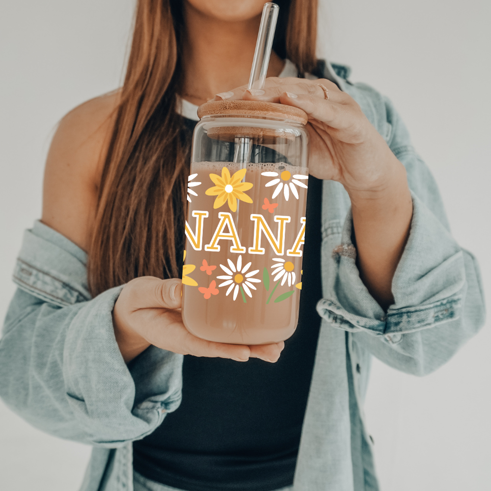 Summer Meadow - Nana | UVDTF | 20 oz Libbey Can Glass with Bamboo Lid & Straw