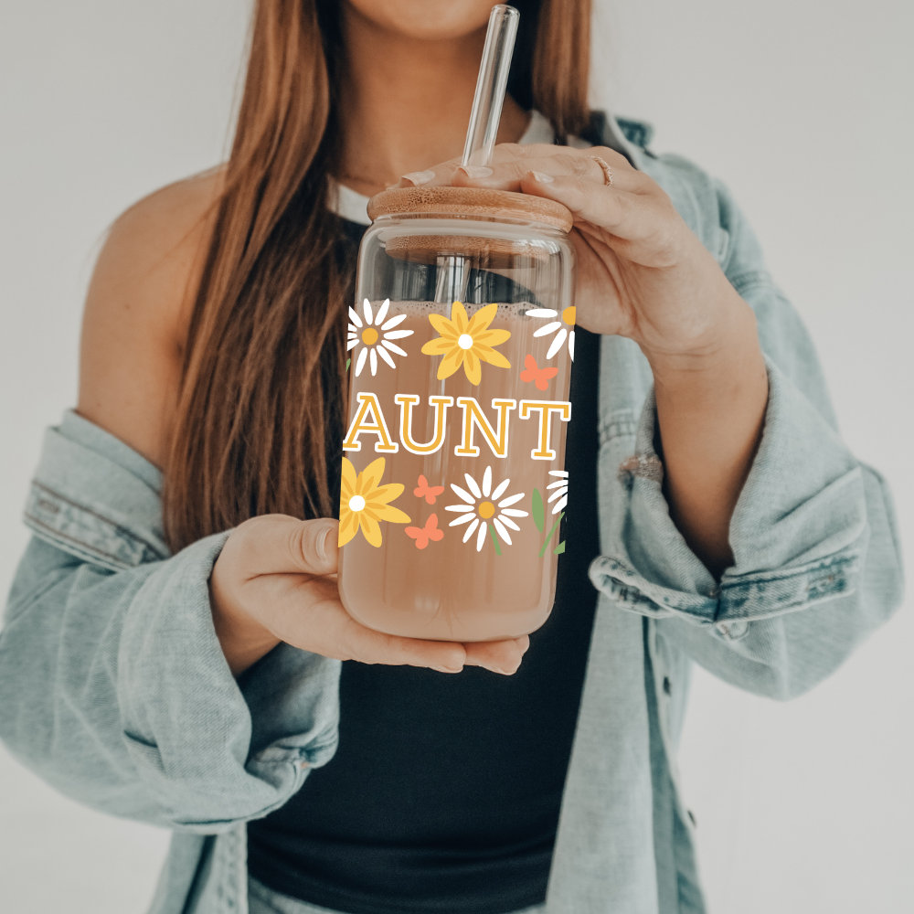 Summer Meadow - Auntie | UVDTF | 20 oz Libbey Can Glass with Bamboo Lid & Straw