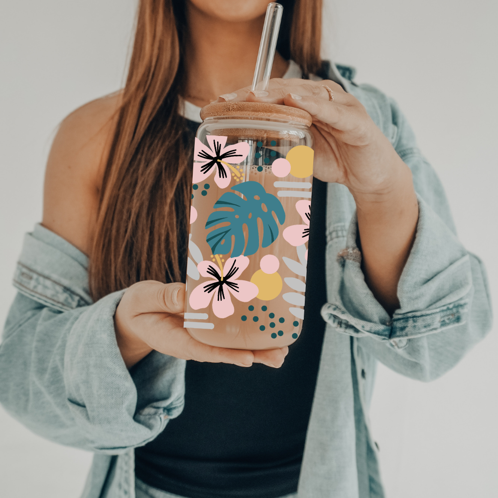 Hawaiian Floral | UVDTF | 20 oz Libbey Can Glass with Bamboo Lid & Straw