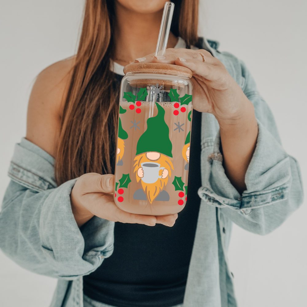 Christmas Gnomes | UVDTF | 20 oz Libbey Can Glass with Bamboo Lid & Straw