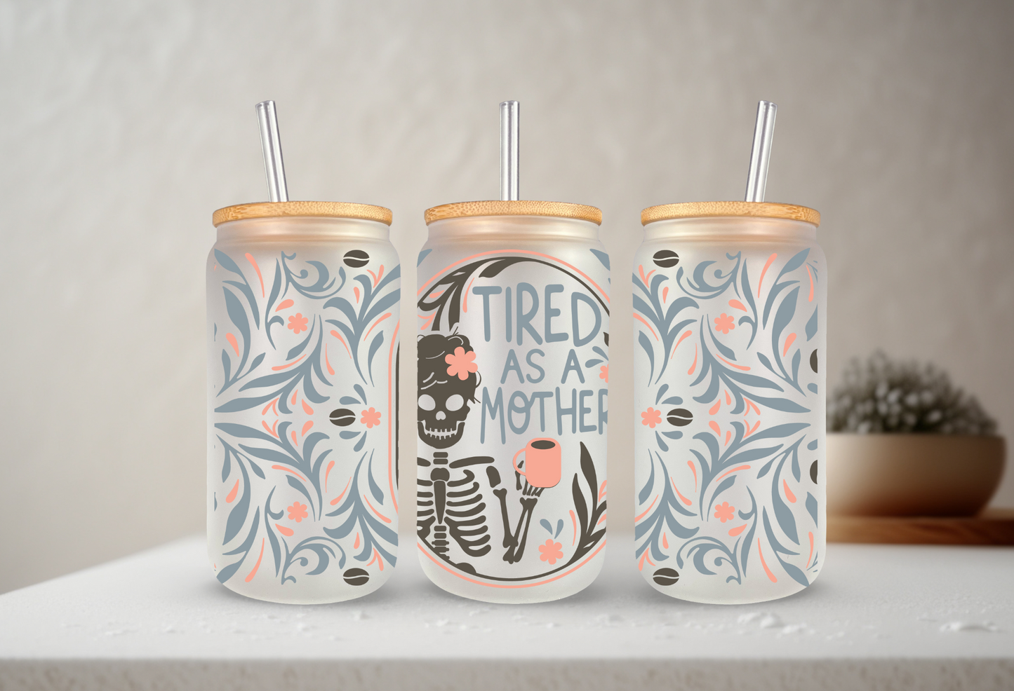 Tired As A Mother | VINYL | 20 oz Libbey Can Glass with Bamboo Lid & Straw