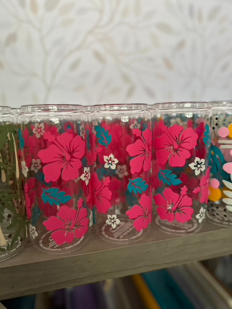Hibiscus | UVDTF | 20 oz Libbey Can Glass with Bamboo Lid & Straw