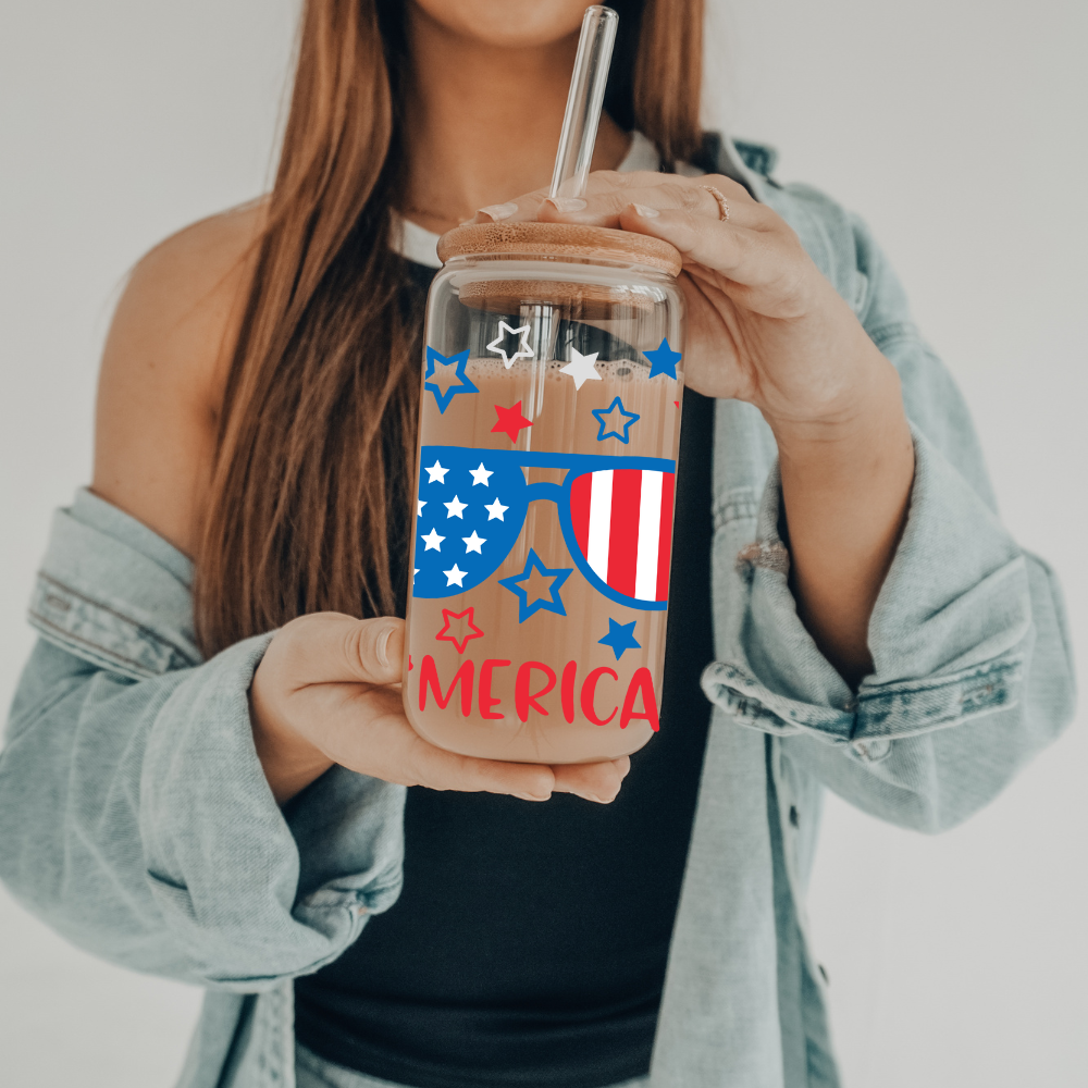 Patriotic Sunnies #merica | UVDTF | 20 oz Libbey Can Glass with Bamboo Lid & Straw