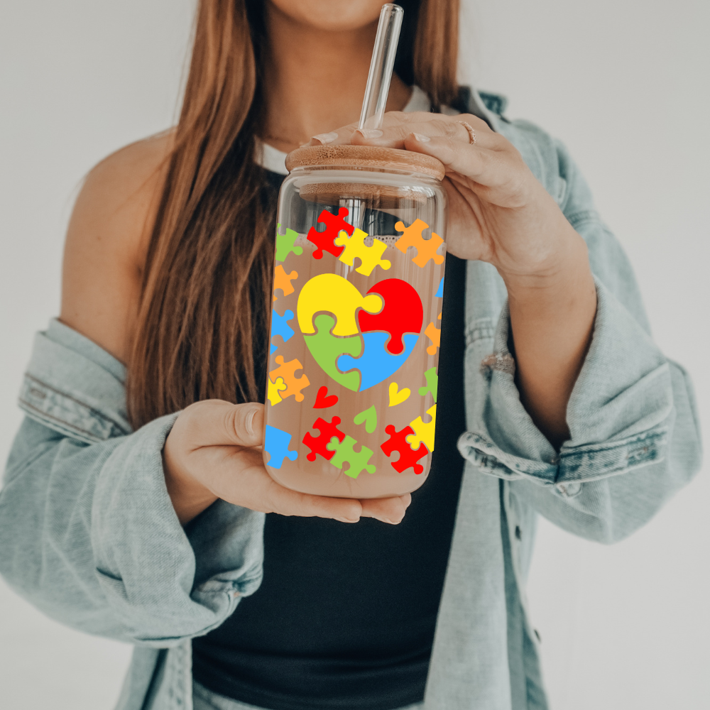 Autism Love | UVDTF | 20 oz Libbey Can Glass with Bamboo Lid & Straw