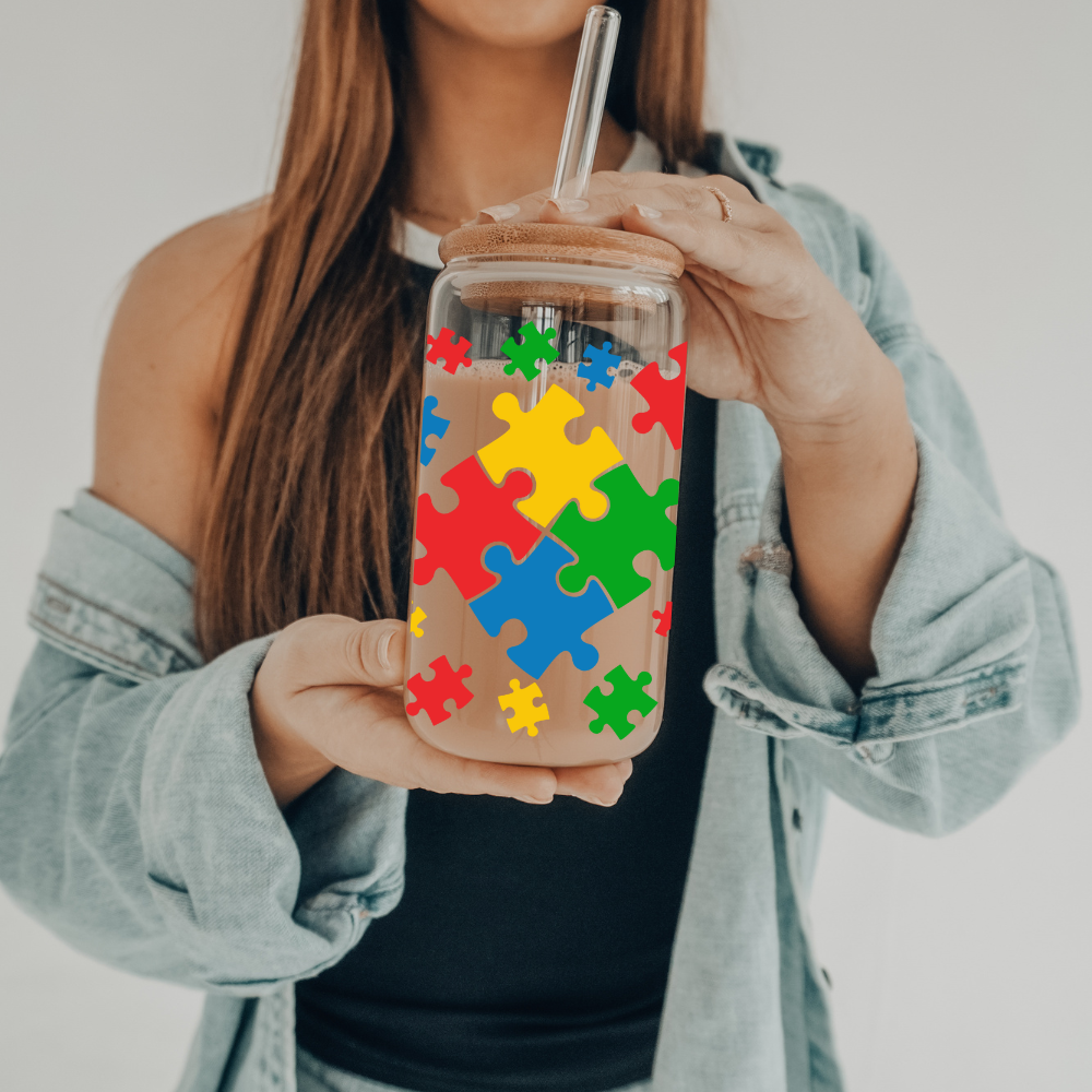 Autism Love | UVDTF | 20 oz Libbey Can Glass with Bamboo Lid & Straw
