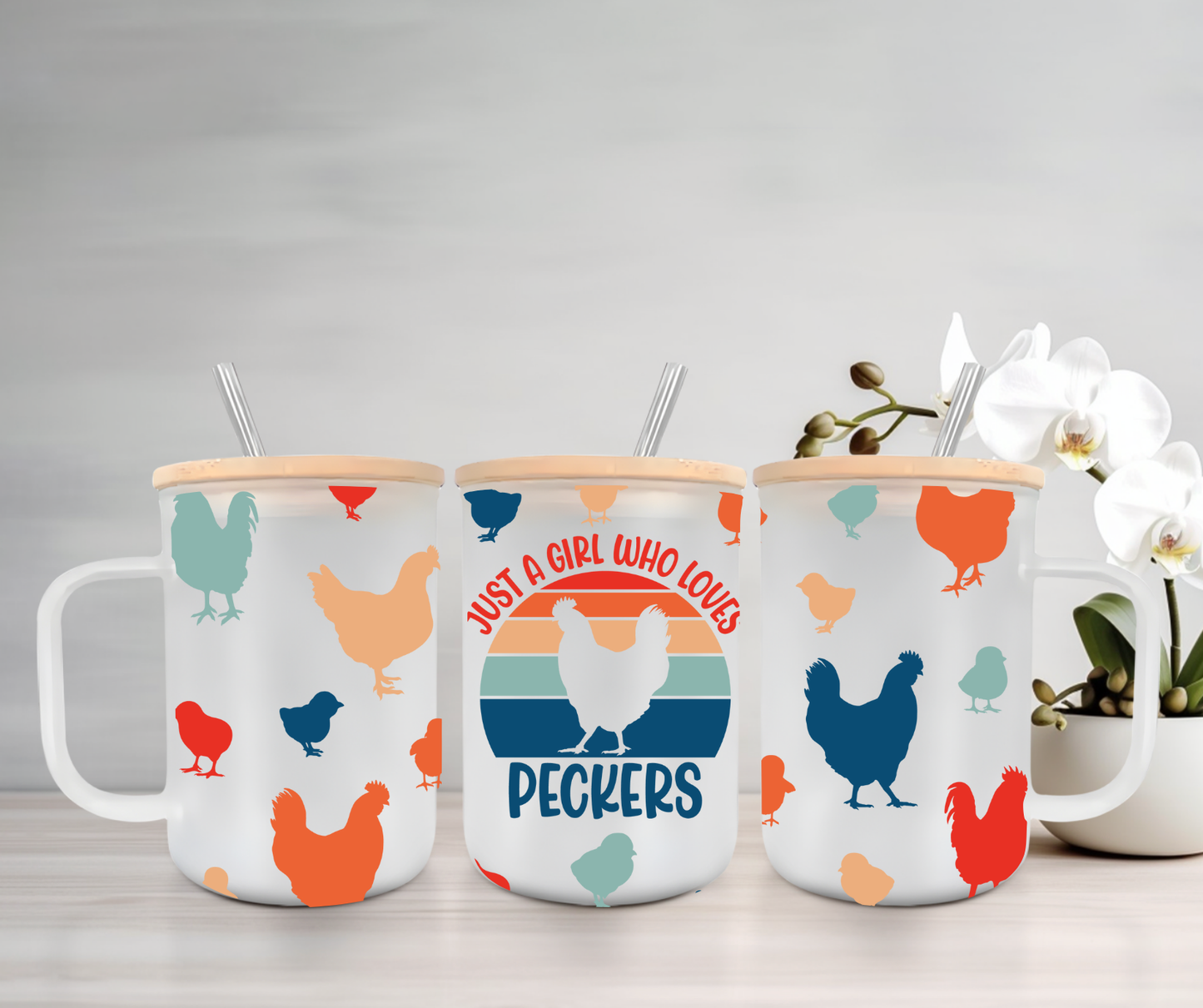 Just A Girl Who Loves Peckers | VINYL | 15oz Mug with Handle, Bamboo Lid & Straw