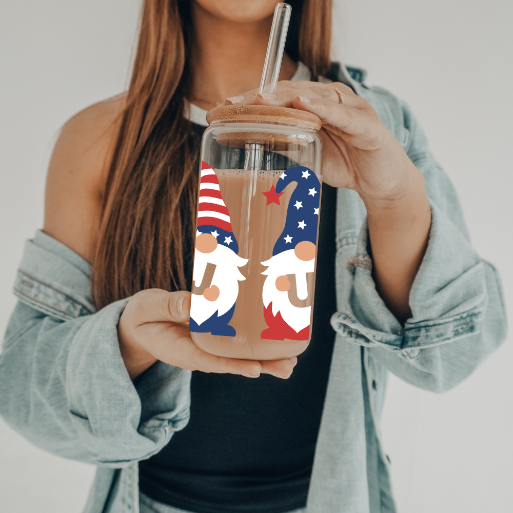 Patriotic Gnomes | UVDTF | 20 oz Libbey Can Glass with Bamboo Lid & Straw
