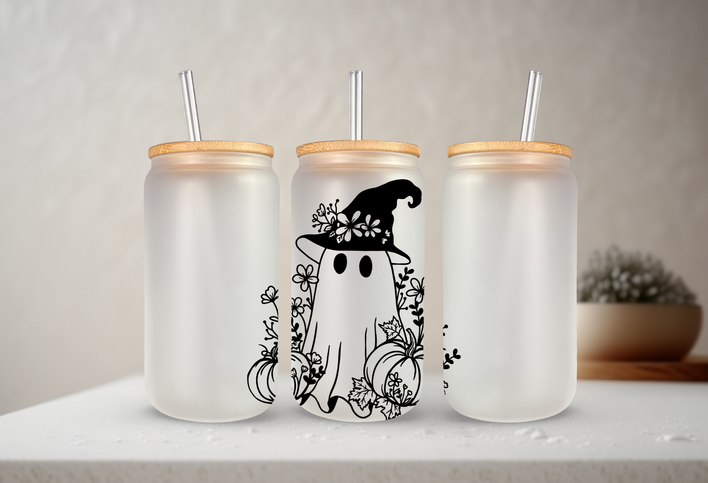 Boho Ghost | UVDTF | 20 oz Libbey Can Glass with Bamboo Lid & Straw
