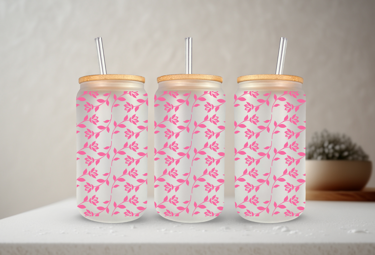 Floral | UVDTF | 20 oz Libbey Can Glass with Bamboo Lid & Straw