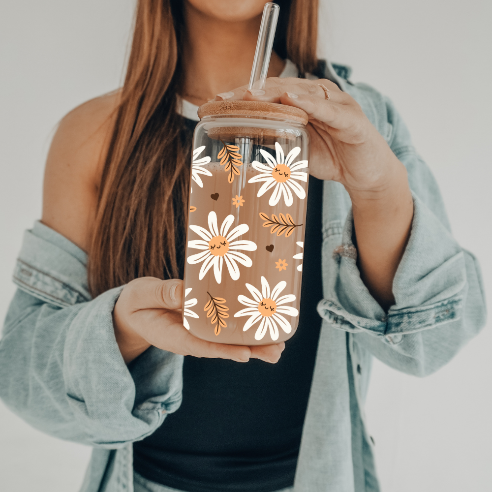 Fall Daisy | UVDTF | 20 oz Libbey Can Glass with Bamboo Lid & Straw