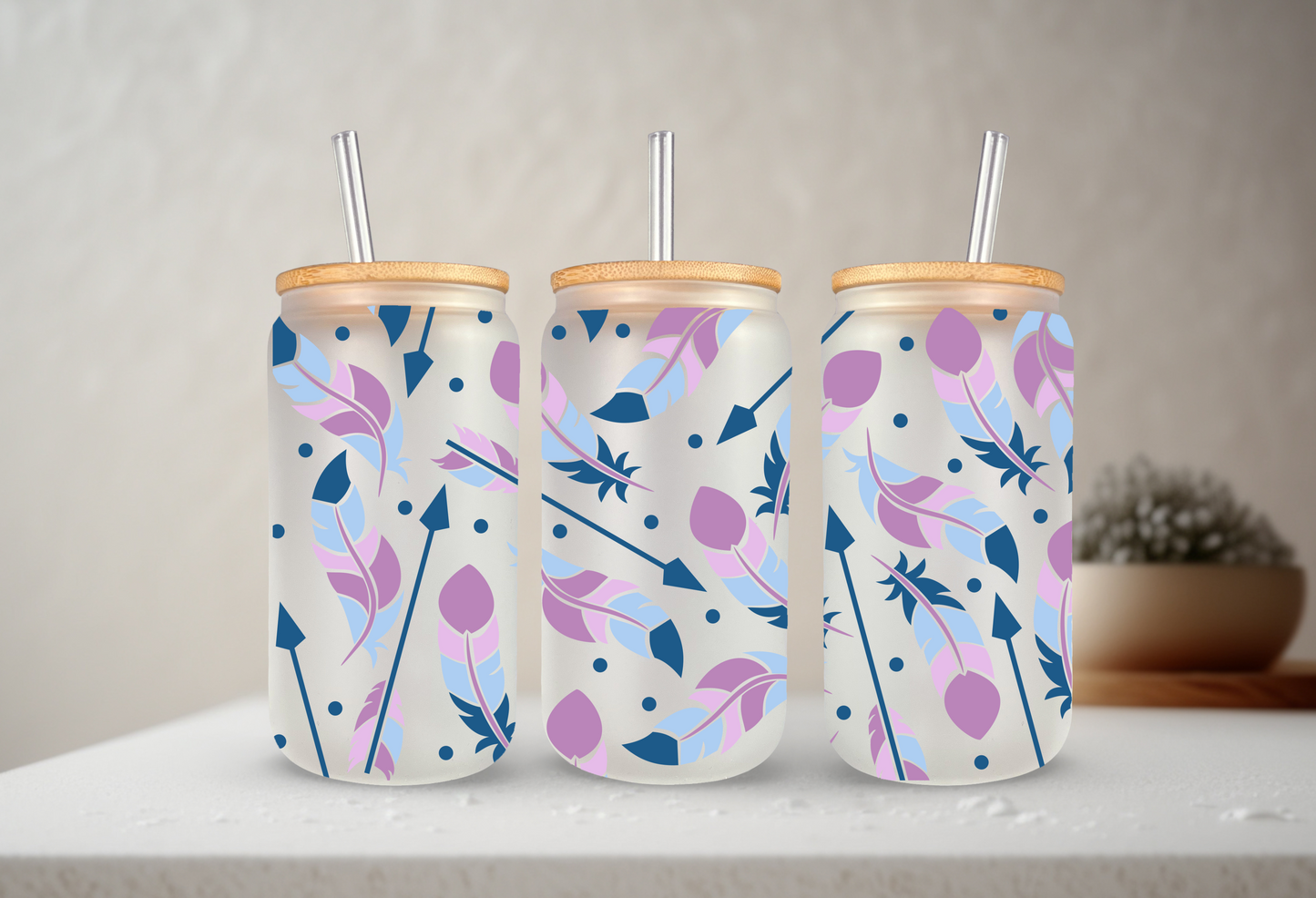 Feathers | UVDTF | 20 oz Libbey Can Glass with Bamboo Lid & Straw