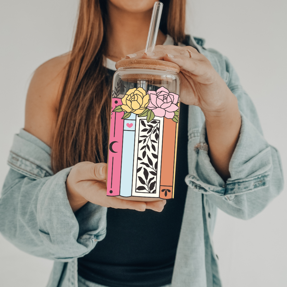 Floral Books - Color | UVDTF | 20 oz Libbey Can Glass with Bamboo Lid & Straw
