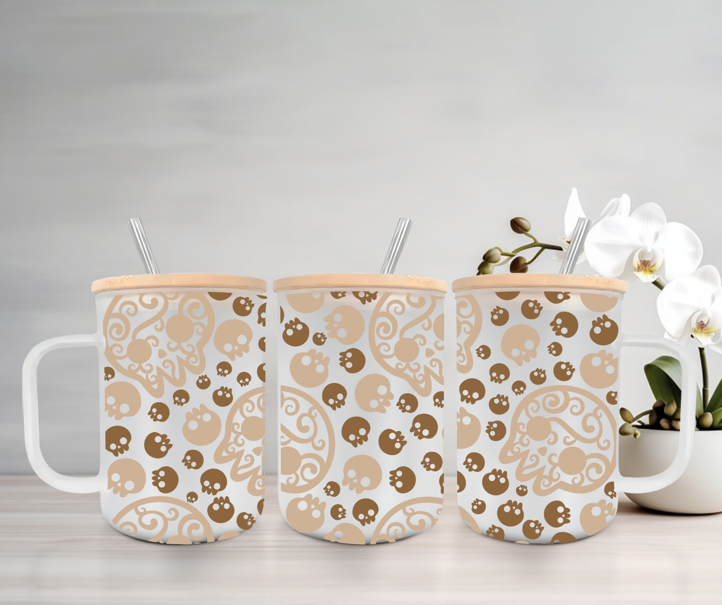 Skulls | UVDTF | 15oz Mug with Handle, Bamboo Lid & Straw