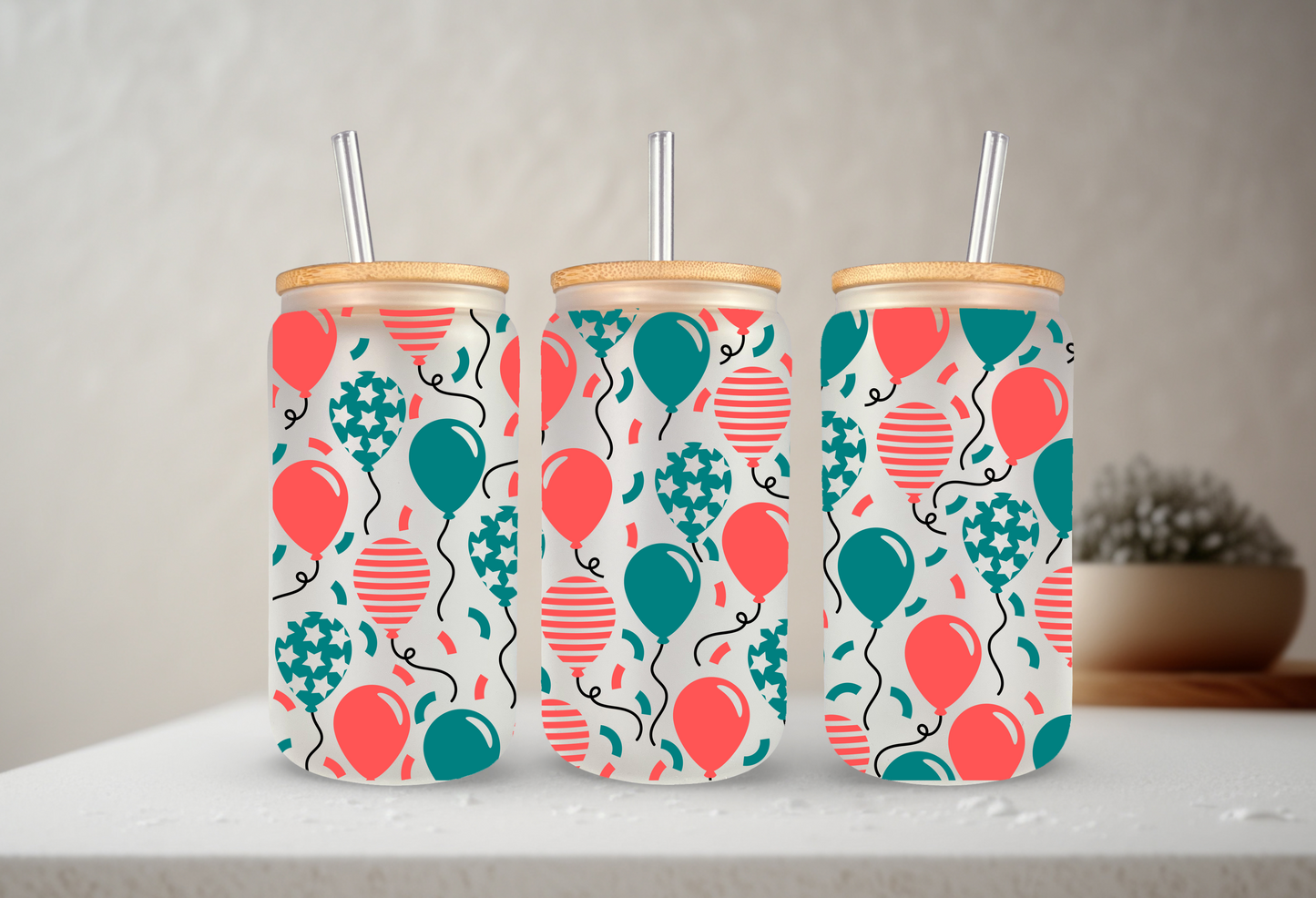 Patriotic Balloons | UVDTF | 20 oz Libbey Can Glass with Bamboo Lid & Straw