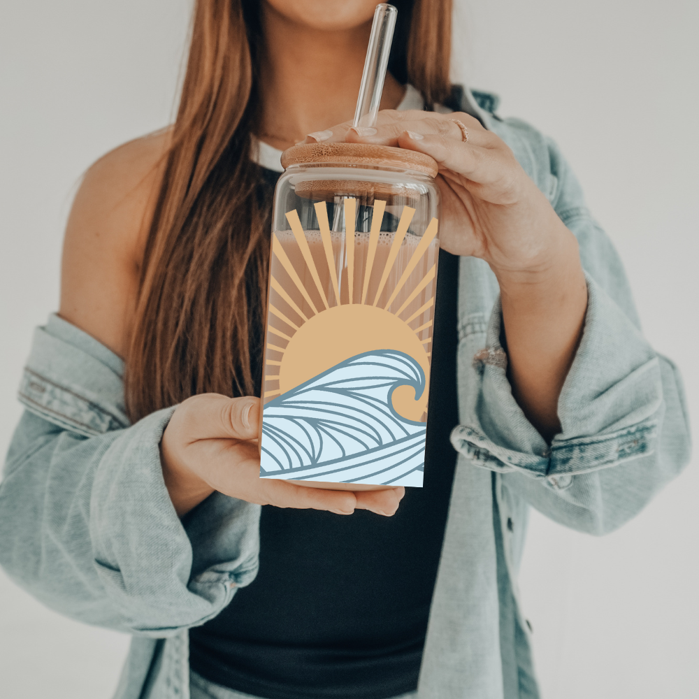 Summer Waves | UVDTF | 20 oz Libbey Can Glass with Bamboo Lid & Straw