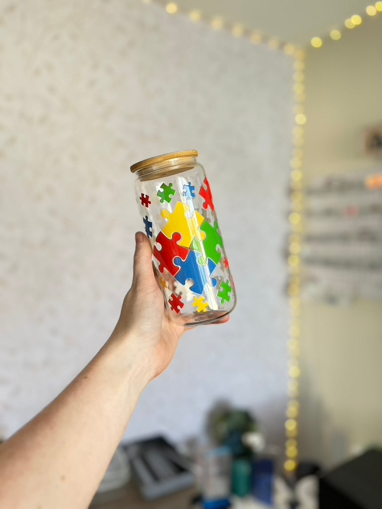 Autism Love | UVDTF | 20 oz Libbey Can Glass with Bamboo Lid & Straw
