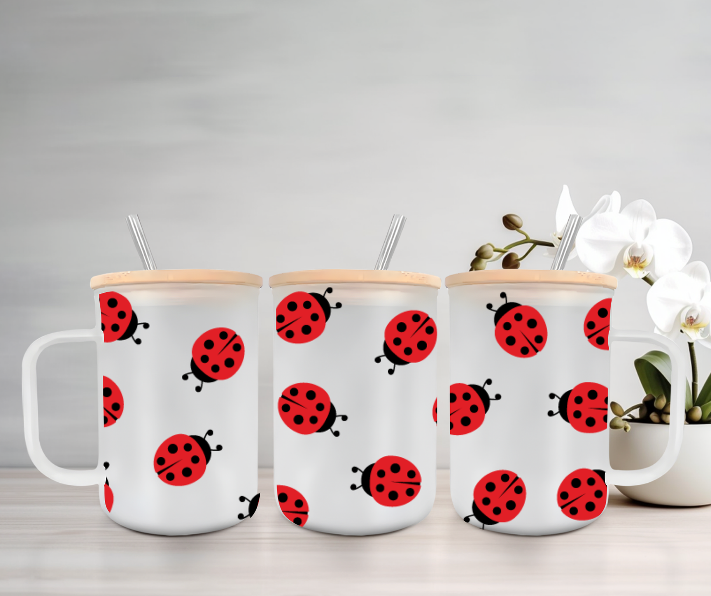 Ladybug | VINYL | 15oz Mug with Handle, Bamboo Lid & Straw