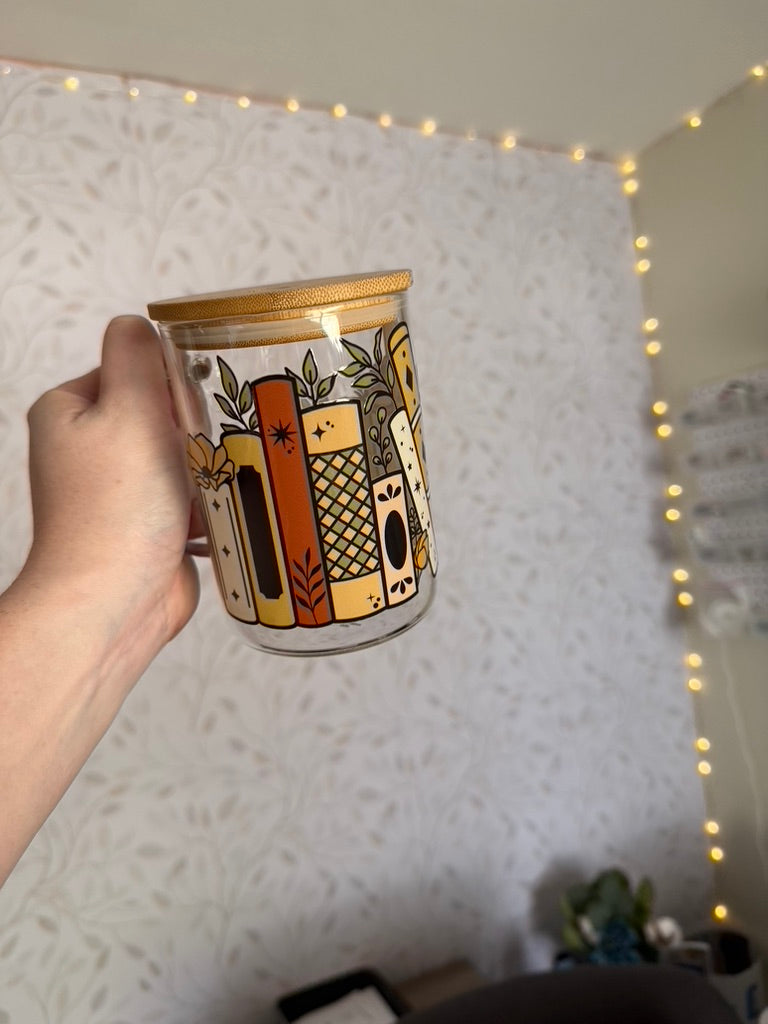 Floral Books - Color | UVDTF | 15oz Mug with Handle, Bamboo Lid & Straw