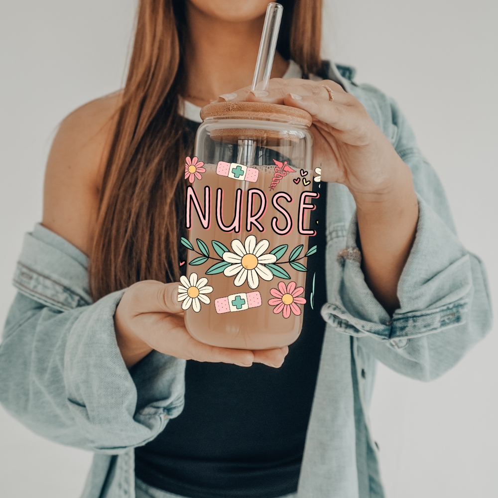 Boho Floral Nurse | UVDTF | 20 oz Libbey Can Glass with Bamboo Lid & Straw