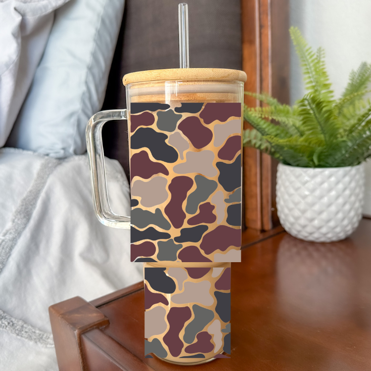 Old School Camo | VINYL | 40 oz Glass Tumbler with Bamboo Lid & Straw