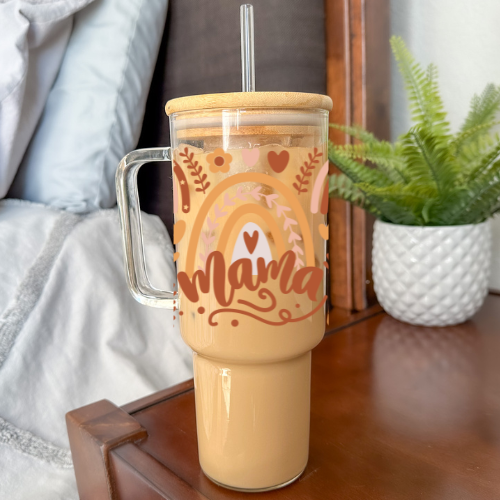 Mama Rainbow | UVDTF | 40 oz Glass Tumbler with Bamboo Lid & Straw