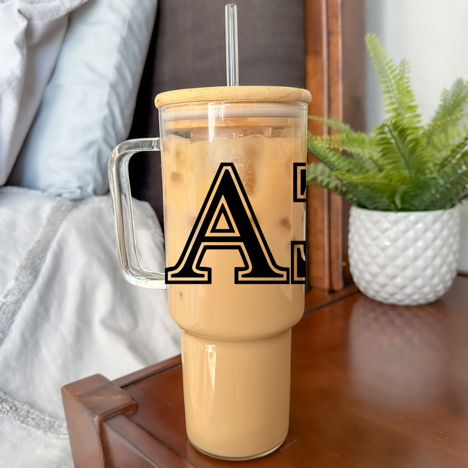 Greek Letters, Sorority, Fraternity | VINYL | 40 oz Glass Tumbler with Bamboo Lid & Straw
