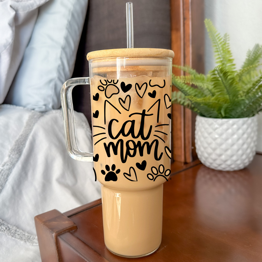 Cat Mom | VINYL | 40 oz Glass Tumbler with Bamboo Lid & Straw