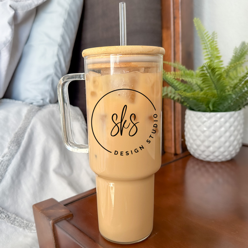 CUSTOM LOGO | UVDTF | 40 oz Glass Tumbler with Bamboo Lid & Straw