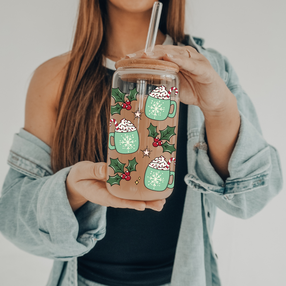 Peppermint Mocha | UVDTF | 20oz Libbey Can Glass with Bamboo Lid & Straw