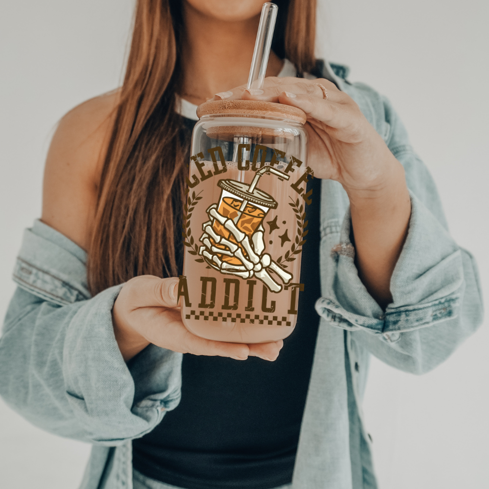 Iced Coffee Addict | UVDTF | 20 oz Libbey Can Glass with Bamboo Lid & Straw