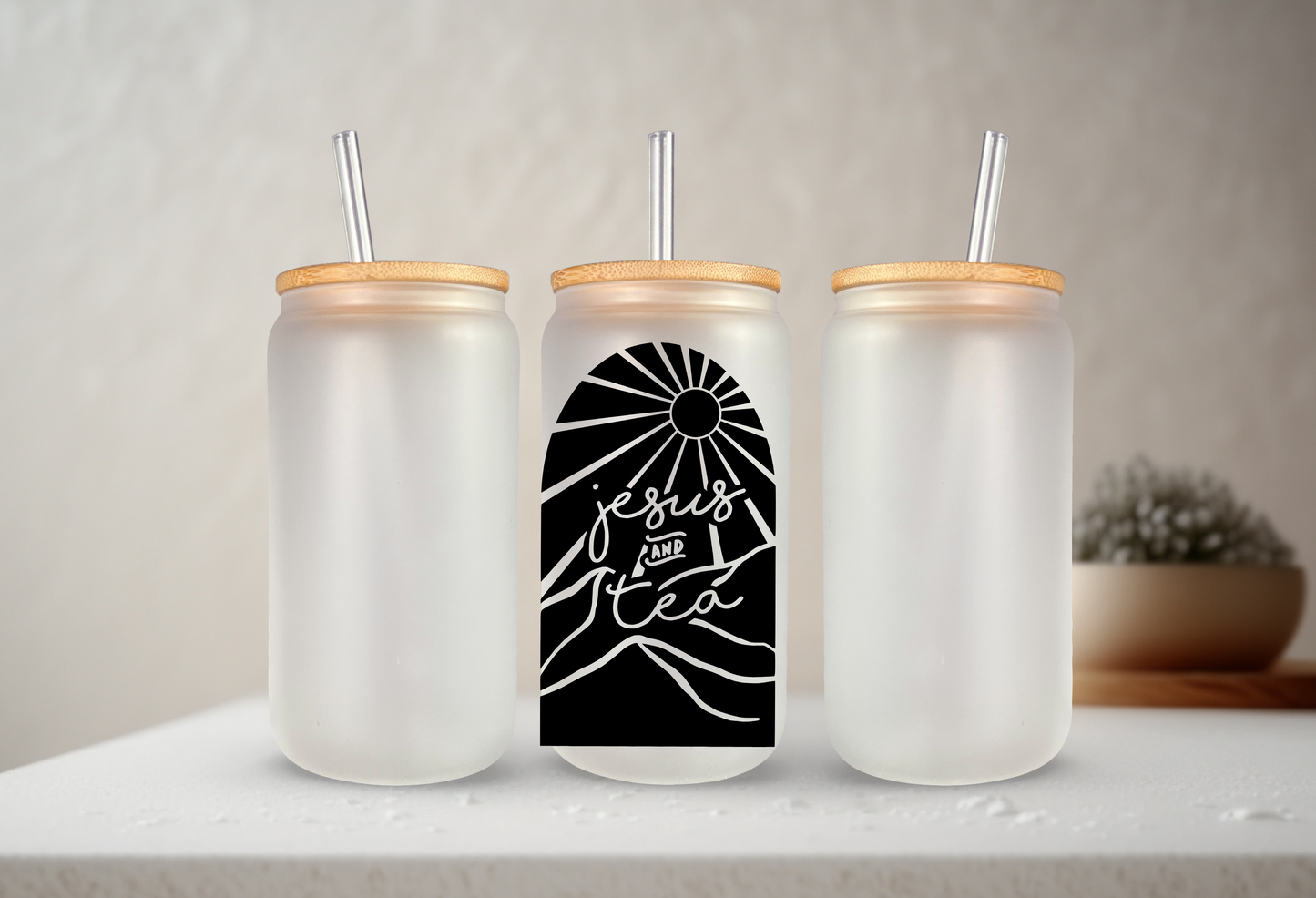 Jesus & Tea | VINYL | 20 oz Libbey Can Glass with Bamboo Lid & Straw
