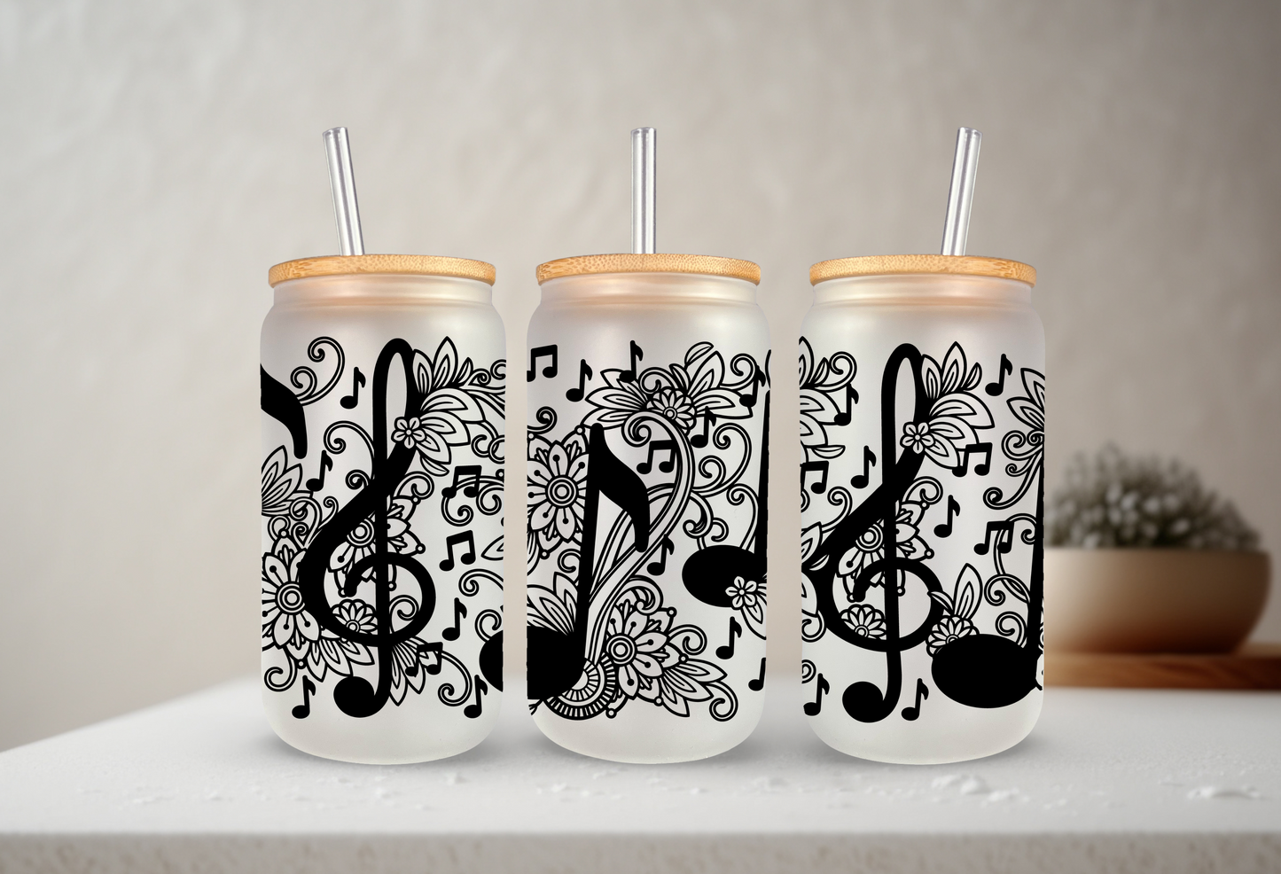 Floral Music | VINYL | 20 oz Libbey Can Glass with Bamboo Lid & Straw
