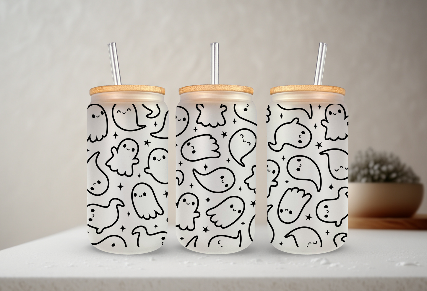 Ghosts | UVDTF | 20 oz Libbey Can Glass with Bamboo Lid & Straw